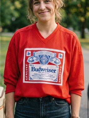 Budweiser Red Mesh Logo Jersey with Blue and White Graphic